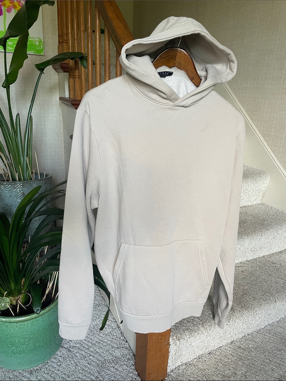 BoohooMan Neutral Cream Pullover Hoodie L Tall